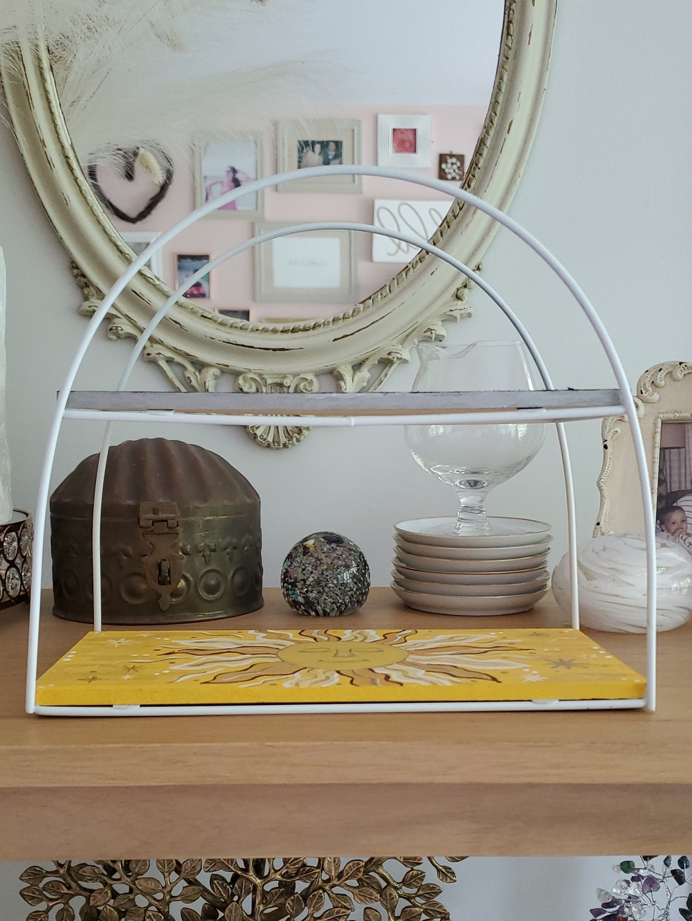 Hand Painted Sun & Moon Painted Two-Tier Wooden Home Accent Organizer Shelf - Picture 9 of 11